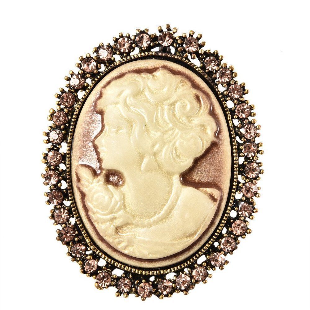 Champagne Austrian Crystal Cameo Brooch in Goldtone